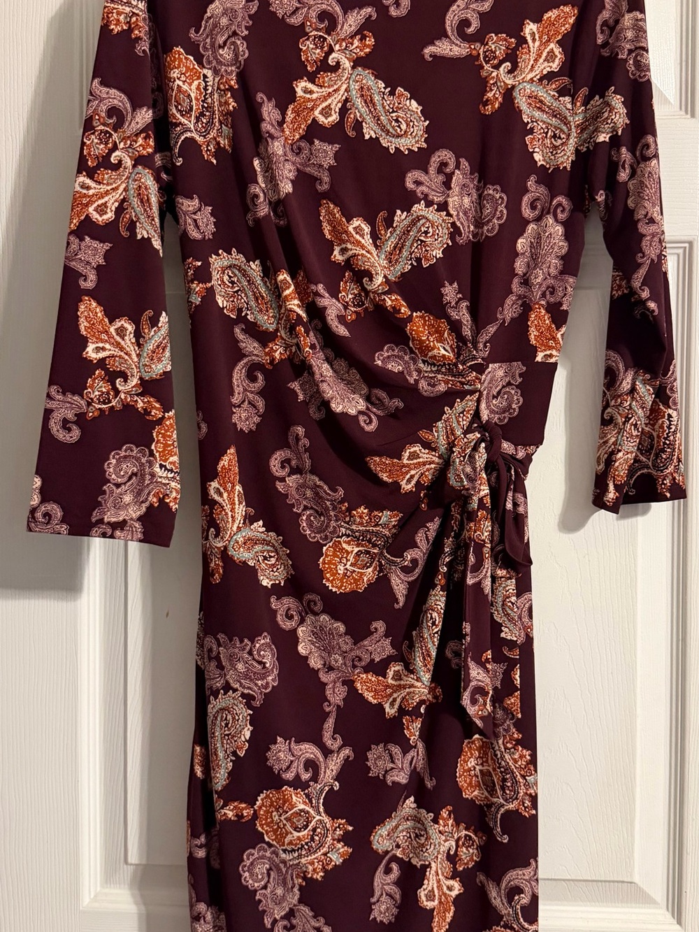 Ann Taylor Burgundy Paisley Wrap-Style Long Sleeve Dress